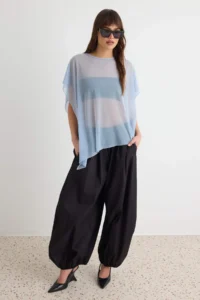 TRENDYOLMİLLA Light BLUE Plain Oversized Boat Neck Bat Arm Sleeveless Pelerin Tulle Knitting Blouse - Image 2