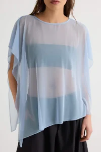 TRENDYOLMİLLA Light BLUE Plain Oversized Boat Neck Bat Arm Sleeveless Pelerin Tulle Knitting Blouse - Image 3