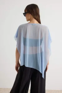 TRENDYOLMİLLA Light BLUE Plain Oversized Boat Neck Bat Arm Sleeveless Pelerin Tulle Knitting Blouse - Image 4