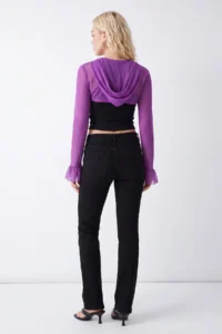 TRENDYOLMİLLA Purple Plain Regular Hooded Standard Sleeve Ekstra Crop Tulle Knitting Blouse - Image 5