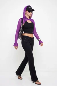 TRENDYOLMİLLA Purple Plain Regular Hooded Standard Sleeve Ekstra Crop Tulle Knitting Blouse - Image 6