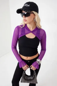 TRENDYOLMİLLA Purple Plain Regular Hooded Standard Sleeve Ekstra Crop Tulle Knitting Blouse - Image 7