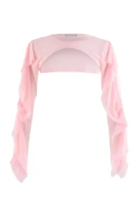 TRENDYOLMİLLA PINK Plain Bolero Choker Collar Standard Sleeve LONG Super Crop Tulle Knitting Blouse - Image 9