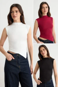 TRENDYOLMİLLA Black-Ecru-Burgundy 3 Sets Pack Fitted High Neck Knitting Blouse