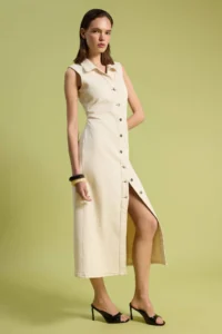 TRENDYOLMİLLA Ecru Button Detailed Sleeveless Maxi DENIM Dress - Image 2