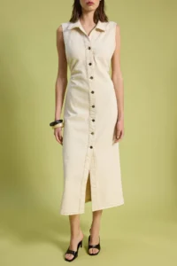 TRENDYOLMİLLA Ecru Button Detailed Sleeveless Maxi DENIM Dress - Image 3
