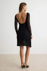 TRENDYOLMİLLA Black Plain skater Crew Neck Mini Lace Lined Knitting Dress - Image 4