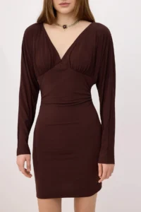 TRENDYOLMİLLA Brown bodycon V-neck Long Sleeve Shirred Mini Flexible Knitting Dress - Image 3