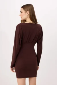 TRENDYOLMİLLA Brown bodycon V-neck Long Sleeve Shirred Mini Flexible Knitting Dress - Image 4