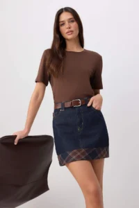 TRENDYOLMİLLA DARK BLUE Plaid Detailed Mini DENIM Skirt