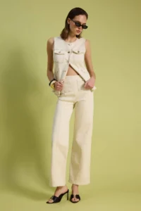 TRENDYOLMİLLA Ecru Button Detailed Medium Flexible High Waist Wide Leg jeans - Image 2