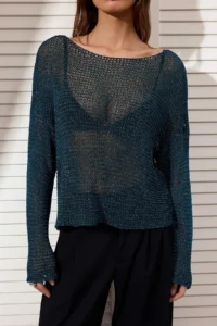 TRENDYOLMİLLA Petrol Drink Showing Boat Neck Knitwear Sweater - Image 3