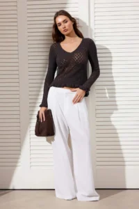 TRENDYOLMİLLA Brown Cotton Sleeves and Skirt End Frilly Cellular/Perforated Knitwear Sweater - Image 2