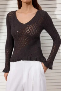 TRENDYOLMİLLA Brown Cotton Sleeves and Skirt End Frilly Cellular/Perforated Knitwear Sweater - Image 3