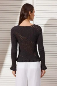 TRENDYOLMİLLA Brown Cotton Sleeves and Skirt End Frilly Cellular/Perforated Knitwear Sweater - Image 4