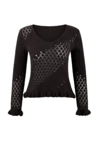 TRENDYOLMİLLA Brown Cotton Sleeves and Skirt End Frilly Cellular/Perforated Knitwear Sweater - Image 5
