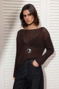 TRENDYOLMİLLA Brown Summer Special Thread Cotton Wide Pattern Knitwear Sweater - Image 2