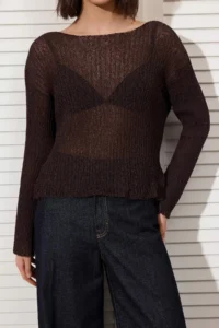 TRENDYOLMİLLA Brown Summer Special Thread Cotton Wide Pattern Knitwear Sweater - Image 3