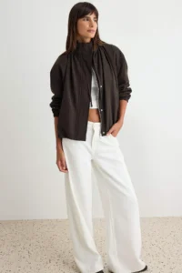 TRENDYOLMİLLA Dark Brown Oversized Stand Collar Linen Content Bomber Jacket Coat - Image 2