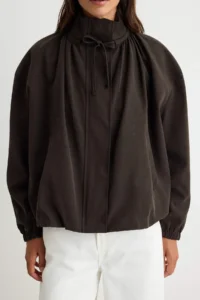 TRENDYOLMİLLA Dark Brown Oversized Stand Collar Linen Content Bomber Jacket Coat - Image 3