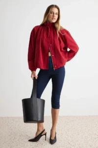 TRENDYOLMİLLA Red Oversized Stand Collar linen look Bomber Jacket Coat - Image 2