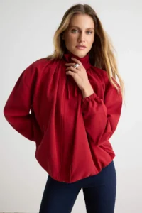 TRENDYOLMİLLA Red Oversized Stand Collar linen look Bomber Jacket Coat - Image 3