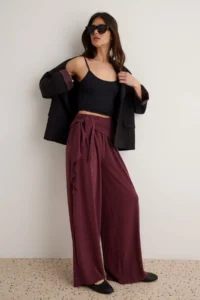 TRENDYOLMİLLA Plum Premium Lyocell Content Summer Wide Leg Belted Regular Waist LONG Knitting Pants - Image 2