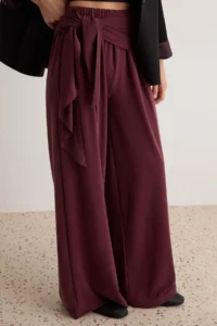 TRENDYOLMİLLA Plum Premium Lyocell Content Summer Wide Leg Belted Regular Waist LONG Knitting Pants - Image 3