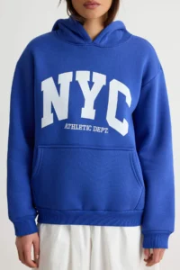 TRENDYOLMİLLA Saks BLUE Thick Slogan Standard Pattern Hooded Knitting Sweatshirt - Image 3