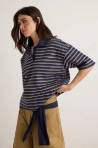 TRENDYOLMİLLA NAVY BLUE Striped Oversized Pattern Polo Shirt Collar Weaving Detailed Tok interlock Knitting T-Shirt