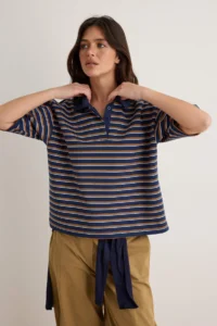TRENDYOLMİLLA NAVY BLUE Striped Oversized Pattern Polo Shirt Collar Weaving Detailed Tok interlock Knitting T-Shirt - Image 2