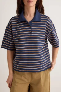 TRENDYOLMİLLA NAVY BLUE Striped Oversized Pattern Polo Shirt Collar Weaving Detailed Tok interlock Knitting T-Shirt - Image 3