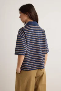 TRENDYOLMİLLA NAVY BLUE Striped Oversized Pattern Polo Shirt Collar Weaving Detailed Tok interlock Knitting T-Shirt - Image 4