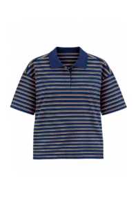 TRENDYOLMİLLA NAVY BLUE Striped Oversized Pattern Polo Shirt Collar Weaving Detailed Tok interlock Knitting T-Shirt - Image 5