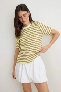 TRENDYOLMİLLA Multicolored Striped Regular/Normal Pattern Short Sleeve Tok interlock Knitting T-Shirt - Image 2