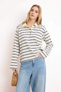 TRENDYOLMİLLA Ecru Striped Boxy Drop Sleeve Long Sleeve interlock Knitting T-Shirt