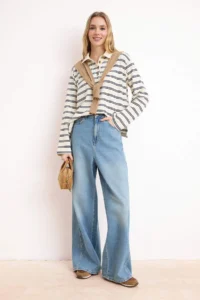 TRENDYOLMİLLA Ecru Striped Boxy Drop Sleeve Long Sleeve interlock Knitting T-Shirt - Image 2