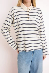 TRENDYOLMİLLA Ecru Striped Boxy Drop Sleeve Long Sleeve interlock Knitting T-Shirt - Image 3