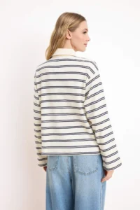 TRENDYOLMİLLA Ecru Striped Boxy Drop Sleeve Long Sleeve interlock Knitting T-Shirt - Image 4