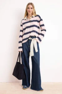TRENDYOLMİLLA PINK Striped Boxy Drop Sleeve Long Sleeve interlock Knitting T-Shirt - Image 2