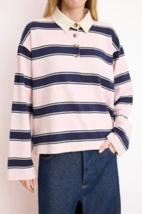 TRENDYOLMİLLA PINK Striped Boxy Drop Sleeve Long Sleeve interlock Knitting T-Shirt - Image 3