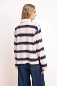 TRENDYOLMİLLA PINK Striped Boxy Drop Sleeve Long Sleeve interlock Knitting T-Shirt - Image 4