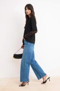 TRENDYOLMİLLA Black Oversized/Wide Pattern Drop Sleeve Lace Soft/Soft Touch Knitting T-Shirt - Image 2