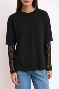 TRENDYOLMİLLA Black Oversized/Wide Pattern Drop Sleeve Lace Soft/Soft Touch Knitting T-Shirt - Image 3