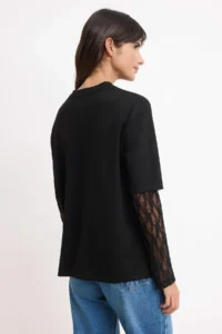 TRENDYOLMİLLA Black Oversized/Wide Pattern Drop Sleeve Lace Soft/Soft Touch Knitting T-Shirt - Image 4