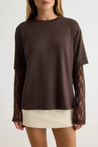 TRENDYOLMİLLA Brown Oversized/Wide Pattern Lace Soft/Soft Touch Knitting T-Shirt - Image 3