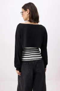 TRENDYOLMİLLA Black 2 Sets Embroidered Asymmetric Collar Long Sleeve Crop Knitting T-Shirt - Image 5