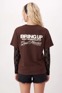 TRENDYOLMİLLA Brown Slogan Oversized/Wide Pattern Lace Detailed LONG 100% Cotton Knitting T-Shirt - Image 5