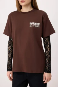 TRENDYOLMİLLA Brown Slogan Oversized/Wide Pattern Lace Detailed LONG 100% Cotton Knitting T-Shirt - Image 8