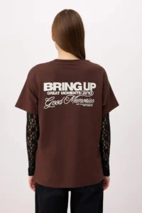 TRENDYOLMİLLA Brown Slogan Oversized/Wide Pattern Lace Detailed LONG 100% Cotton Knitting T-Shirt - Image 9